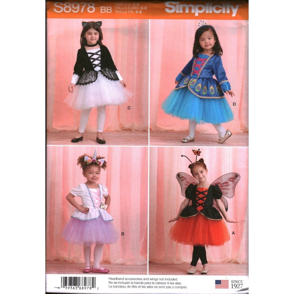 Simplicity S8978 Kids Costume Sewing Pattern Butterfly Unicorn Cat Peacock 3-6